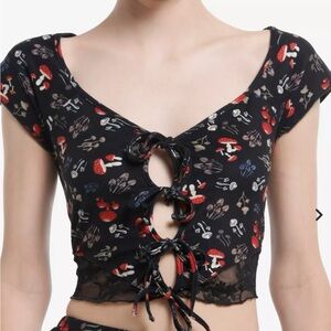 Thorn & Fable Mushroom Lace Cutout Tie-Front Crop Top Black Size Large NWT